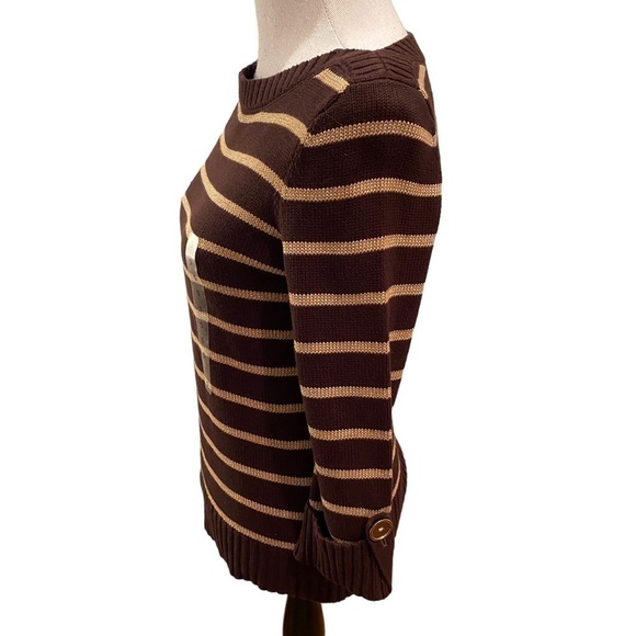 Jones New York Women's Sweater Roll Up Button Boat Brown Stripe Size Small. NWT - Picture 6 of 14